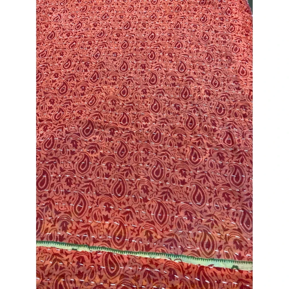 Handstitched Kantha Quilt Reversible Cotton Throw Peacock Paisley Burgundy Red